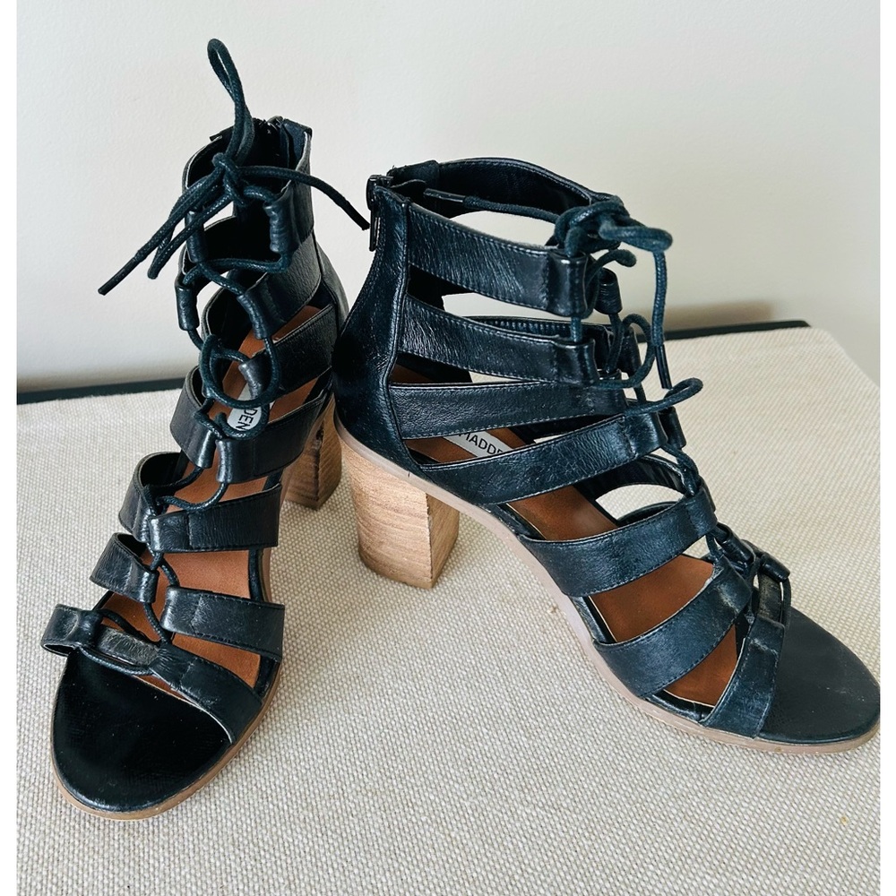 Steve Madden Black Leather Strappy Heeled Sandals